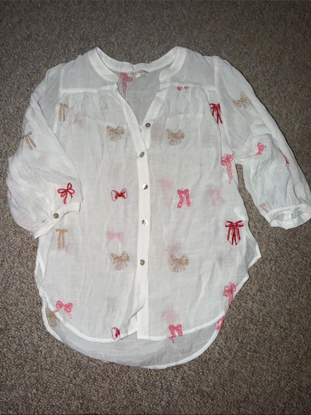 fig and flower White Sheer Button-Down Blouse with Pink & Gold Bow Motif